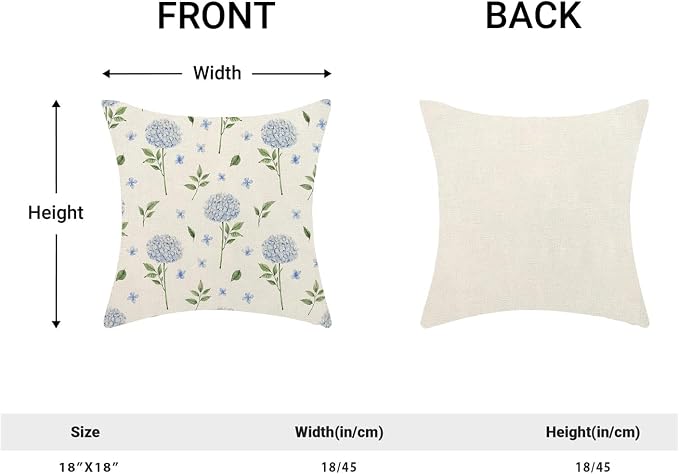 AEIOAE Spring Pillow Covers 18x18 Inch Set of 2, Blue Green Hydrangea Flower Leaves Throw Pillows Case,Floral Summer Outdoor Seasonal Decorative Farmhouse Decor Cushion Covers for Home Sofa Bed Couch