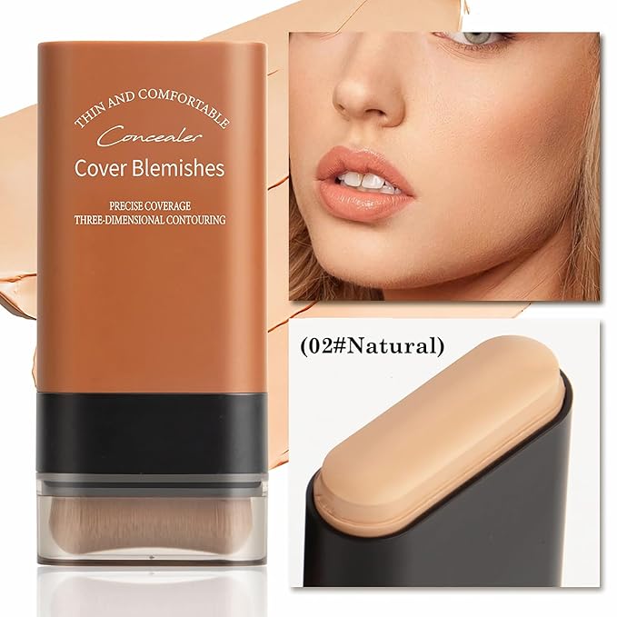 Flawless Face Foundation Stick,Korean Lightweight Hydrating Foundation Contour Stick with Brush,Multi-Use Face Makeup Sticks,Waterproof Thin and Cover Blemishes for All Skin Types (02#Natural)