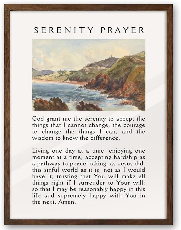 EcoHest 12x16 in Serenity Prayer Mountain Framed Christian Wall Art | Walnut Color Solid Oak Frame，Canvas Wall Art, Scripture Bible Verse Wall Decor for Bedroom, Living Room, Office, Church,1Pack