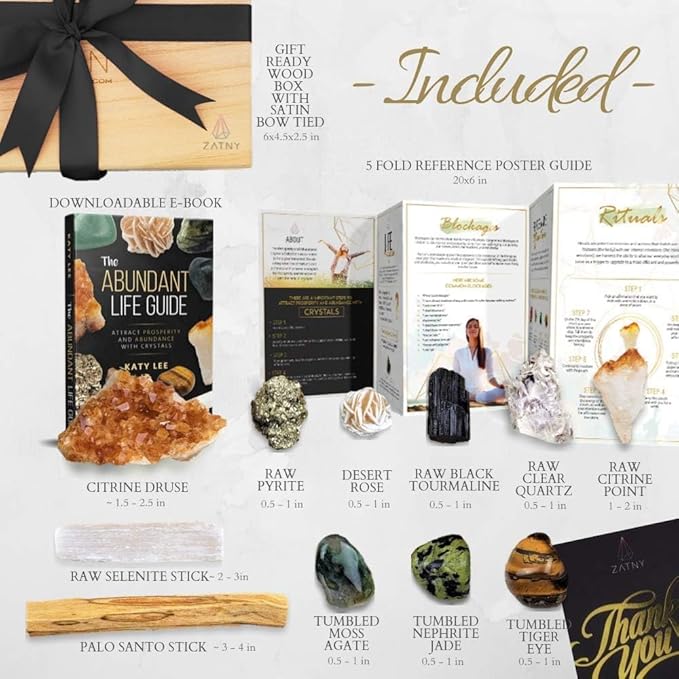 Crystals and Healing Stones Premium Kit Wooden Box - Chakra Stones Healing Crystals Set, Rose Quartz, Amethyst Cluster, Quartz Points, Chakra Pendulum (Abundance and Prosperity Crystal Collection)