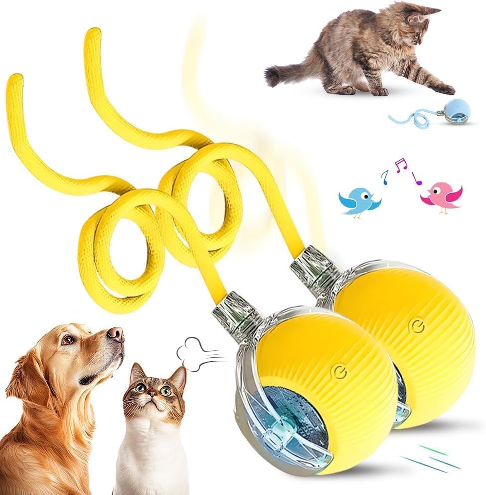 Interactive Cat Toy Ball, 2026 New Rechargeable Motion Activated Self Solo Play Electronic Stimulation Chase Teaser Ball Toy with Rope for Indoor Bored Adult Cat and Dog (Yellow, 2pcs)