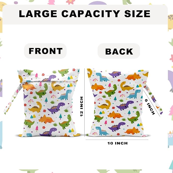 2 PCS Dinosaur Style Travel Laundry Bags 12x10 Inch, Waterproof Reusable Wet Bag with Handle, Wet Dry Bag for Swimsuit Travel Beach Pool Diapers Dirty Yoga Gym Clothes Stroller Toiletries