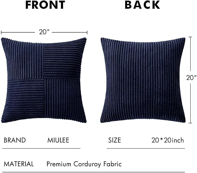 MIULEE Navy Blue Decorative Throw Pillow Covers for Couch 20x20 Inch | 2 Pack, Boho Farmhouse Pillow Covers, Soft Cross Corduroy Patchwork Textured Cushion Cases For Bed Sofa