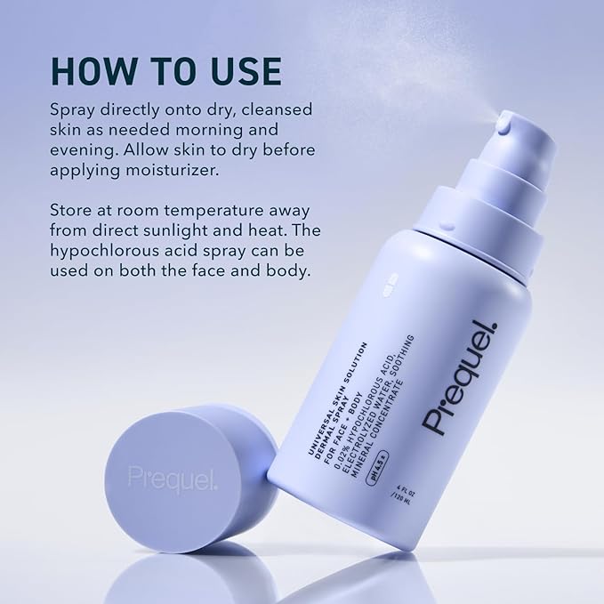 Prequel Skin Universal Skin Solution Hypochlorous Acid Spray for Face and Body. Fine Mist HOCL Facial Cleanser and Dermal Spray with Minerals & Electrolyzed Water - pH-Stabilized Care. 4oz