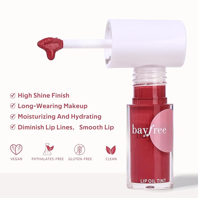 bayfree Hydrating Tinted Lip Oil, Korean Lip Gloss with High Shine & Pigmented Color, Lightweight Non-Sticky Formula for Dry Lips, Vitamin E Enriched for All-Day Moisturizing, Vegan & Cruelty-Free