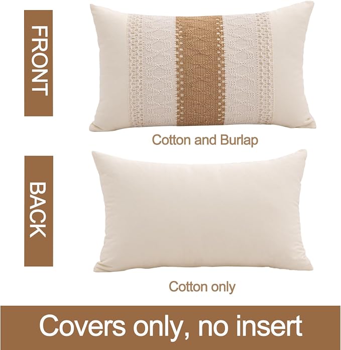 Lumbar Throw Pillow Covers Set of 1 (Beige & Brown, 12x20 Inch) | Linen Cotton Soft Cozy, Decorative Sofa Couch Pillow Cases, Textured Woven Single Striped, Boho Sytle for Living Room