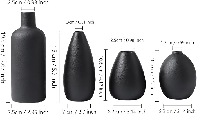 CEMABT Black Ceramic Vase Set - 4 Small Unique Vases for Flowers, Modern Decorative Centerpieces and Home Decor