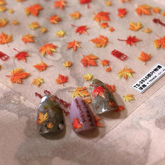 Fall Maple Nail Stickers for Nail Art, 5D Embossed Self-Adhesive Autumn Leaf Nail Decals, Leaves Nail Supplies Nail Art Design Accessories for Women and Girls Manicure DIY Decoration