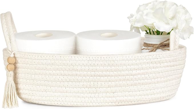 Mkono Toilet Paper Basket, Boho Bathroom Decor, Small Storage Organizer | White, 13"L x 6"W, Back of Toilet Basket, Decorative Woven Tray with Handles, Space-Saving, Living Room Bedroom, 1 Pack