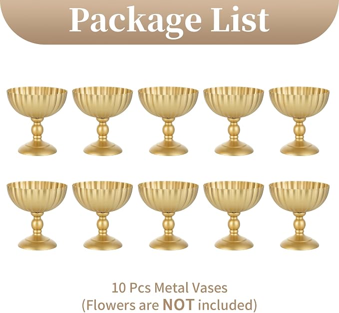 Sziqiqi Gold Urn Vase for Wedding, Tall Vases Centrepieces for Table, 10Pcs | 7.9in Compote Vase, Metal Flower Holder for Floral Arrangement, Pedestal Footed Bowl for Birthday, Party, Anniversary