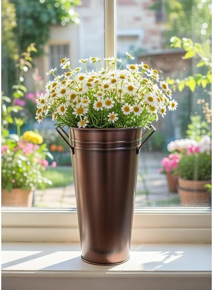 Hosley Set of 3 Antique Bronze Galvanized Floral Vases French Buckets 5" Dia x 9" H with Handles Vintage-Inspired Rustic Elegance for Floral Arrangements Home, Events, and Weddings