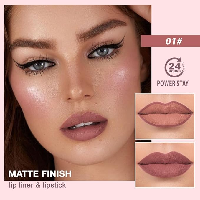 2 in 1 Matte Lipstick Lip Liner Pencil Set,Mauve Waterproof Lip Stick Lip liner Combo for Old Women Long Lasting Lipstick Crayon,labiales mate 24 horas originales