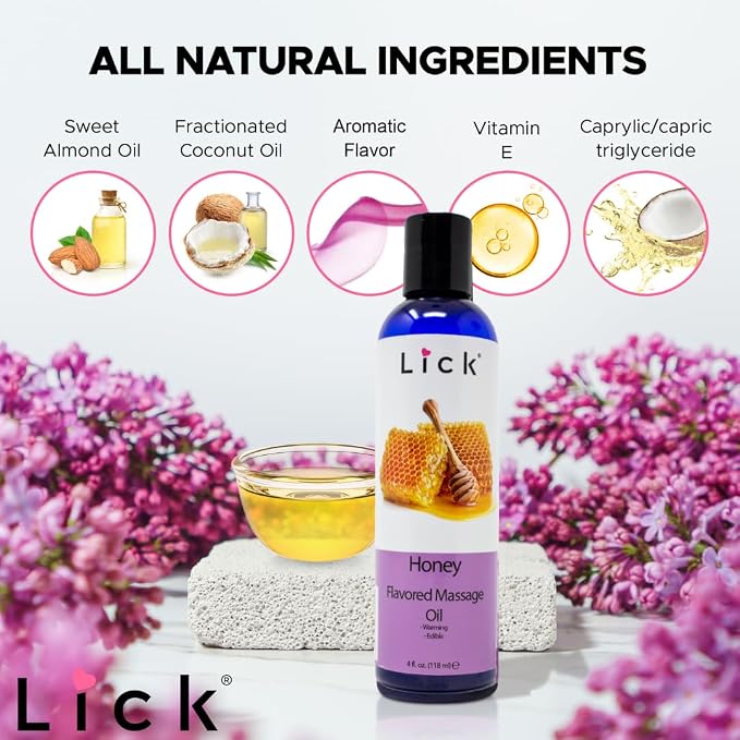 Lick Honey Flavored Massage Oil – Warm Sweet Edible Massage Oil with Sweet Almond Oil & Vitamin E, Smooth Body-Safe Glide for Couples Massage & Relaxation, 4 oz