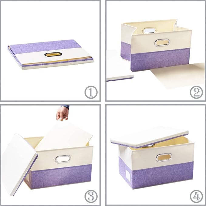 Collapsible Storage Bin with Lid [3-Pack] Fabric Foldable Storage Box Organizer Container Basket Cube with Cover for Home Bedroom Closet Office Nursery Purple&Cream(14.9x9.8x9.8)