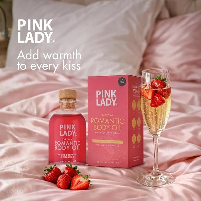 Romantic Body Oil Strawberry and Champagne - 1.90 fl oz / 56 ml - Kissable Warming Body Treat for Foreplay Fun, Water Based