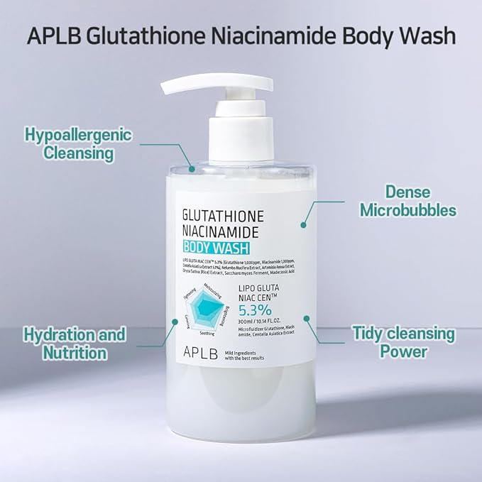 APLB Glutathione Niacinamide Body Wash | LIPO GLUTA NIAC CEN™ 5.3% 10.14 FL.OZ/Korean Skincare, Gentle Ingredients for The Safety of Your Skin, Long Lasting deep Moisture for Soft Skin