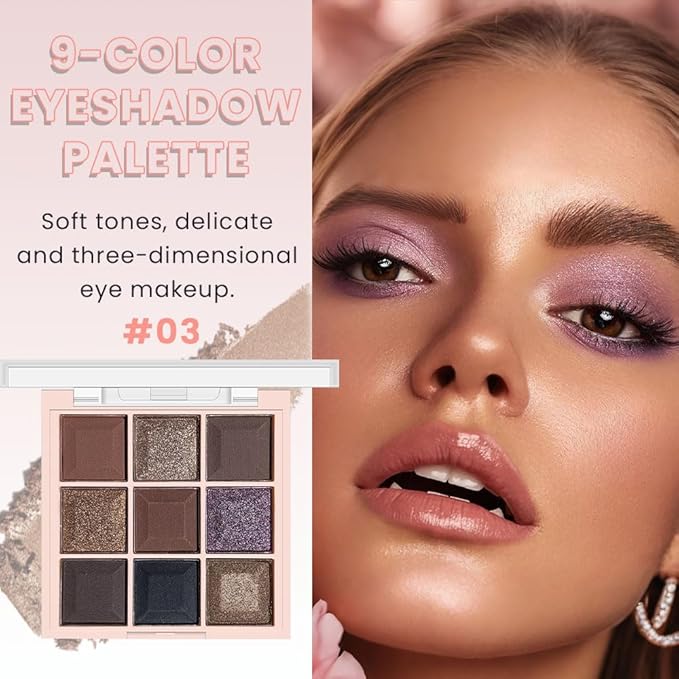 9 Colors Smoky Matte Shimmer Eyeshadow Palette for Women, Nude Rose Gold Light Medium Gray Wine Brown Purple, High Pigmented Primers Powder Palet de sombras de ojos (9 Colors-Dark Brown Purple)