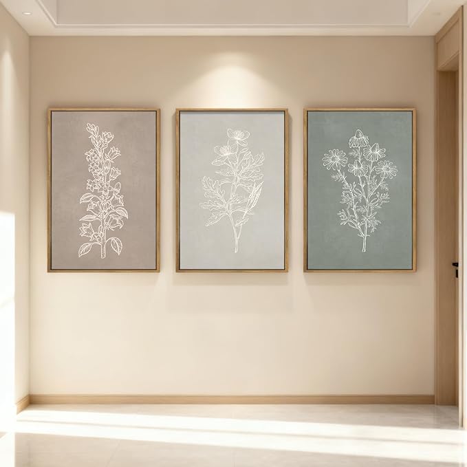 ANHUIB Neutral Botanical Wall Art, Rustic Farmhouse Floral Paintings,Vintage Minimalist Boho Flower Wall Decor 24x36 Inch Plants Set of 3 for Living Room Bedroom