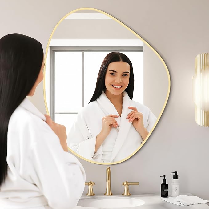 Asymmetrical Mirror, Irregular Wall Mirror for Bathroom, Abstract Wall Mirrors Decorative for Bedroom Living Room Entryway Hall, Mirrors for Wall Decor 28" H x 23" W, Gold
