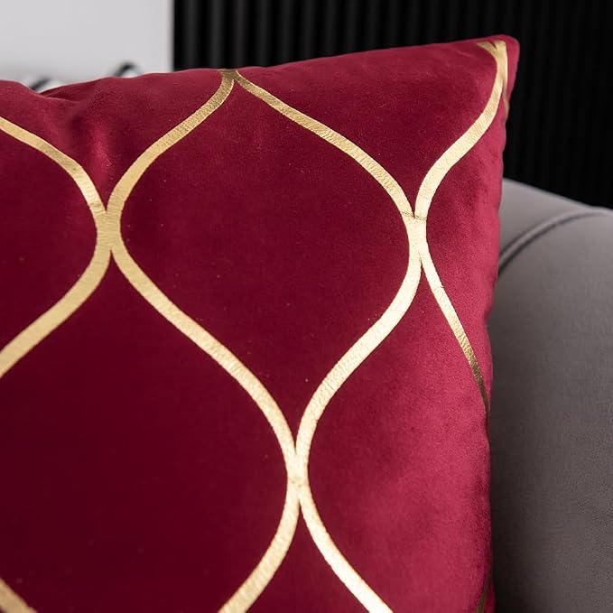 Gold Velvet Throw Pillow Covers: 2 Pack 24x24 Inch Square Decorative Pillow Cases for Bedroom Sofa Couch Living Room, Christmas Burgundy Red