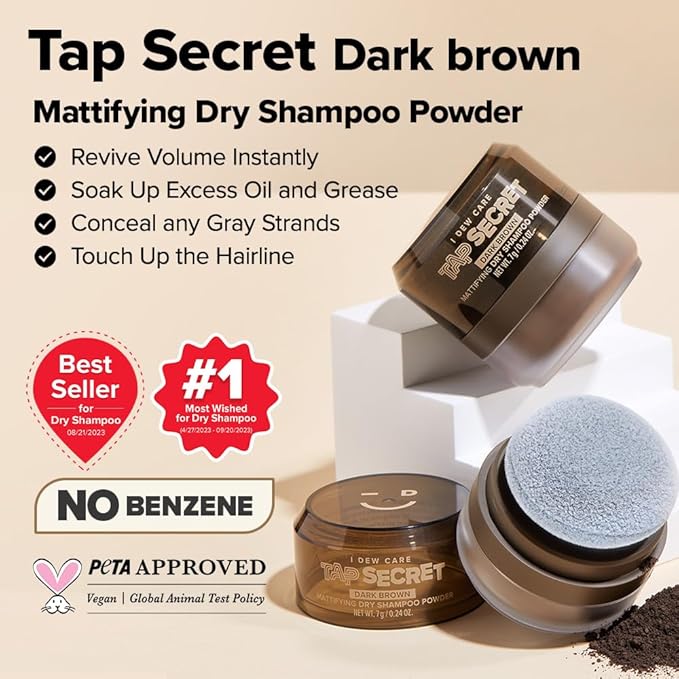 I DEW CARE Biotin Clarifying Dry Shampoo - Tap Secret Dark Brown | Strengthening & Volumizing, Powder Type, Refillable, Travel size, Non-aerosol, Brunette, Korean Ginseng, 0.24 oz