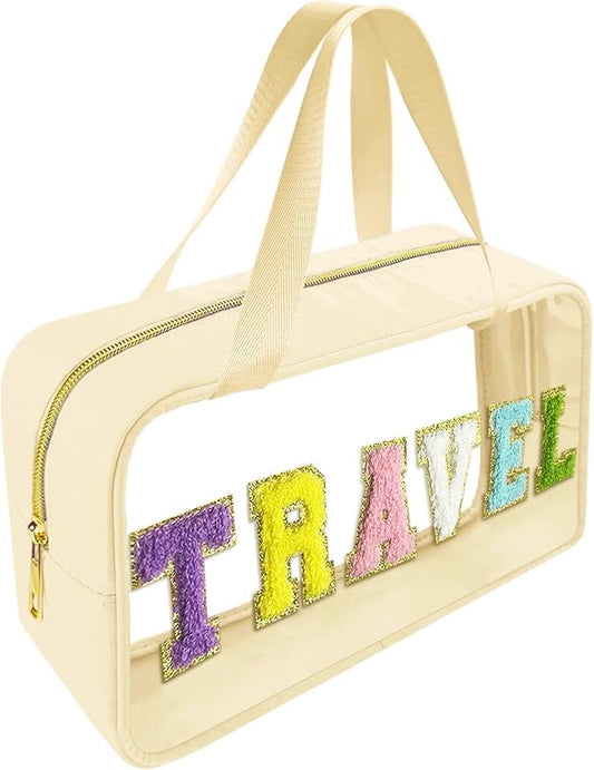 Bunliuys Chenille Letter Clear Makeup Bag Travel Patch, Travel Toiletry Makeup Bag with Handle, Nylon Waterproof Makeup Bags clear cosmetic bag, preppy patch makeup bag for Women (TRAVEL-Beige)