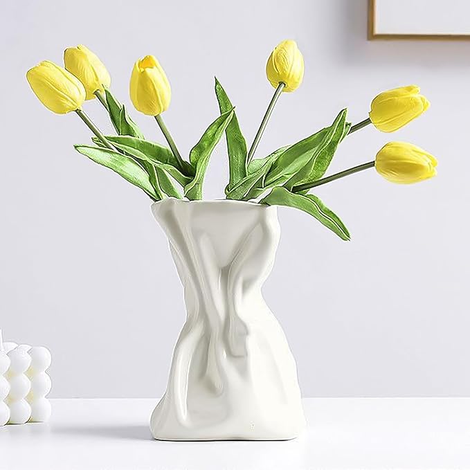 Paper Bag Vase for Flower, Unique Crinkle Design White Ceramic Vase, Flower Vase for Aesthetic Home Decor, Wedding Dinner Table Party Christmas Decorative