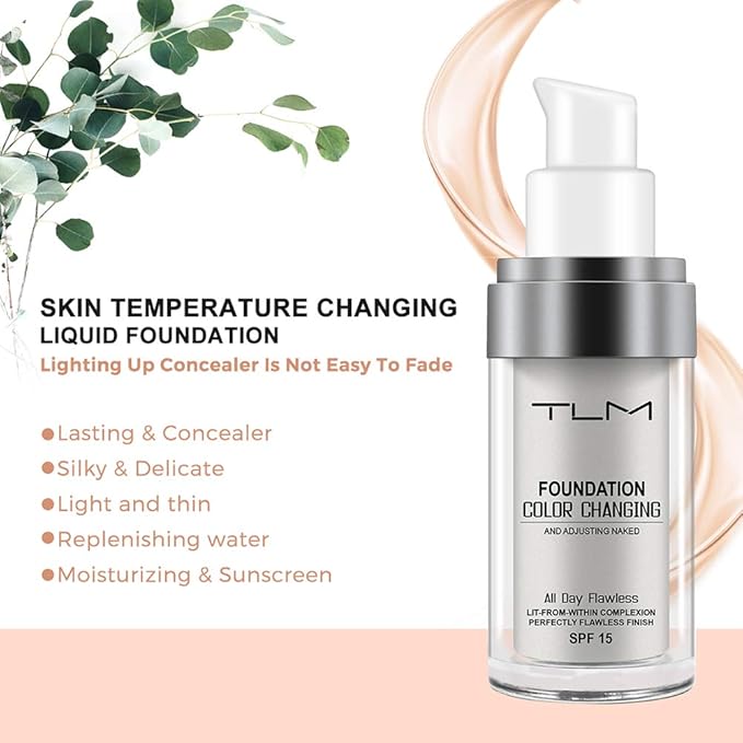 TLM Colour Changing Foundation, 2Pack Flawless Color Changing Foundation Makeup Base Moisturizing Liquid Foundation for Women, Concealer Cover, Girls SPF15, Sunscreen, Non-Greasy,Long Lasting