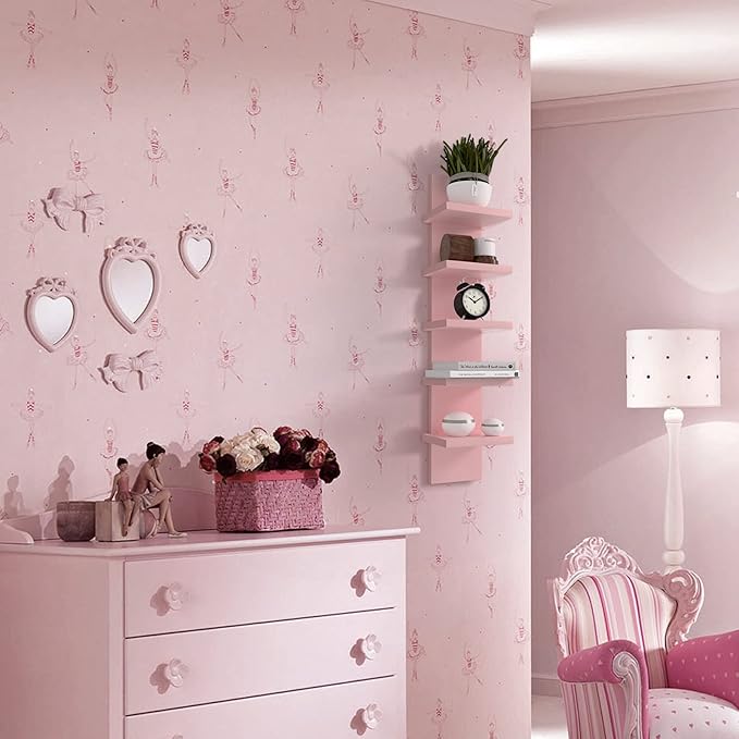 5 Tier Floating Wall Shelf, Pink | Modern Vertical Shelving Pink Room Decor Corner Shelf for Entryway, Bedroom, Bathroom, Study Room and Living Room
