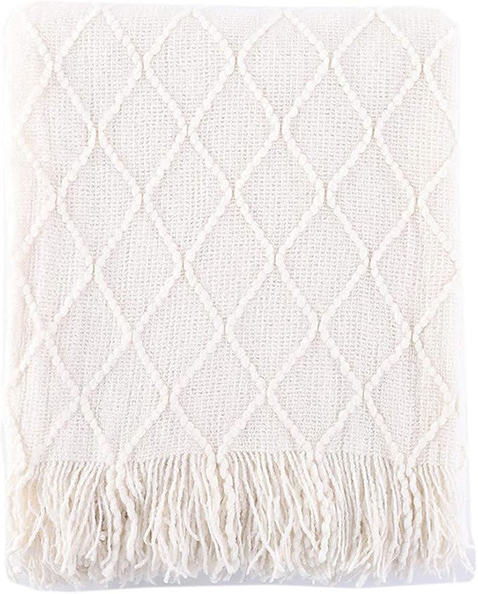 BATTILO HOME Large Cream Throw Blanket with Fringe, End of Bed Throw Blankets White,Spring Throw Blanket for Couch Sofa Indoor Outdoor, 52"x80"