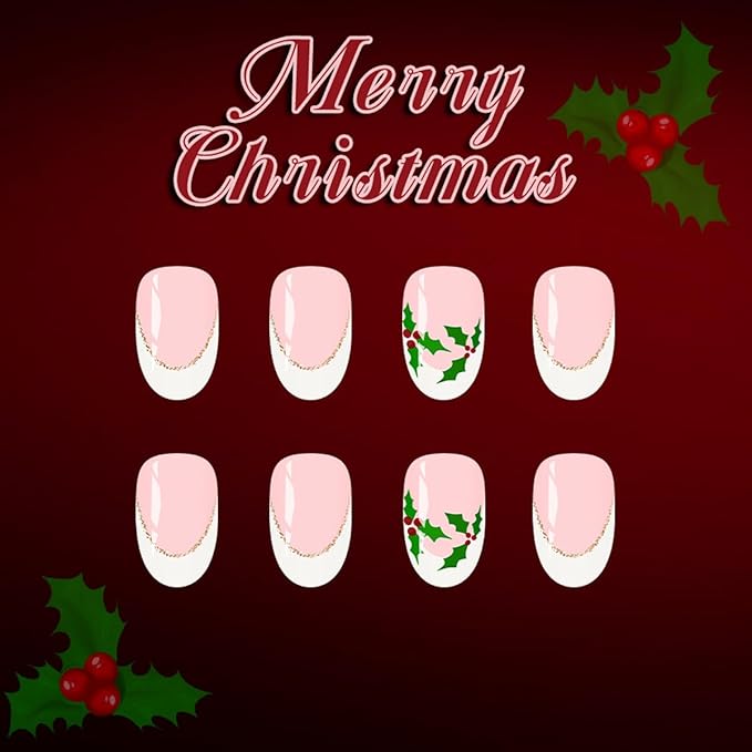 Christmas Press on Nails Holly Fake Nails Short Almond False Nail with Design White French Tip Glue on Nails Artificial Acrylic Dull Cover Nail Xmas Stick on Nail for Women Girls Manicure 24Pcs