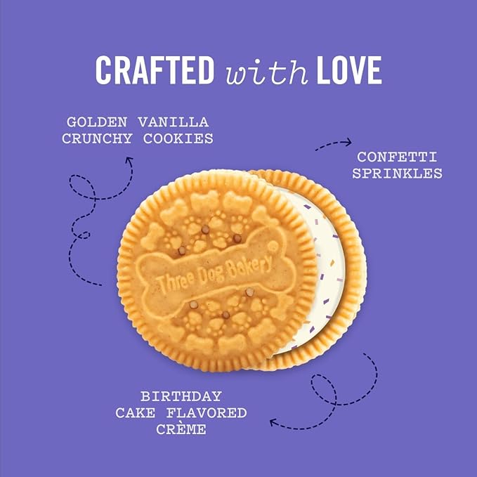 Three Dog Bakery Lick'n Crunch! Dog Treats - 13 oz | Birthday Confetti Sandwich Cookies - Crunchy Treats with Birthday Cake Creme