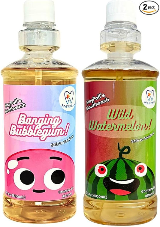 Bubble Gum and Watermelon Flavored Kid's Mouthwash, Safe to Swallow, Natural, Promotes Healthy Teeth, Gentle Taste, No Burn, Fluoride Free, Alcohol Free, 16.9oz (Pack of 2).