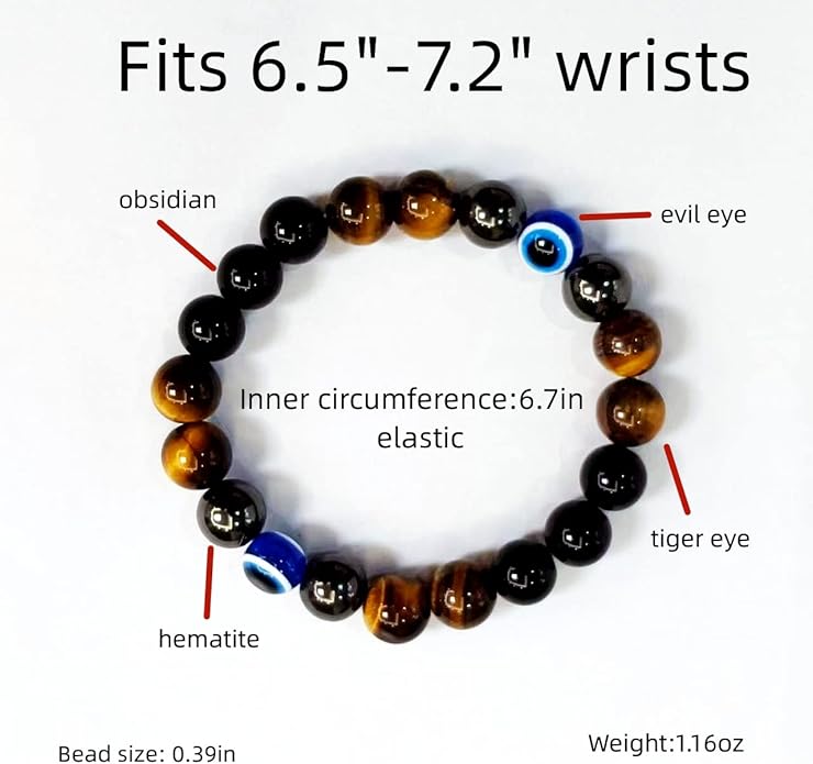 Evil Eye with Hematite Black Obsidian Tiger Eye Stone Triple Protection Bracelets for Men Women, Crystal Healing Stone Bracelet Bring Luck Prosperity and Happiness Jewelry