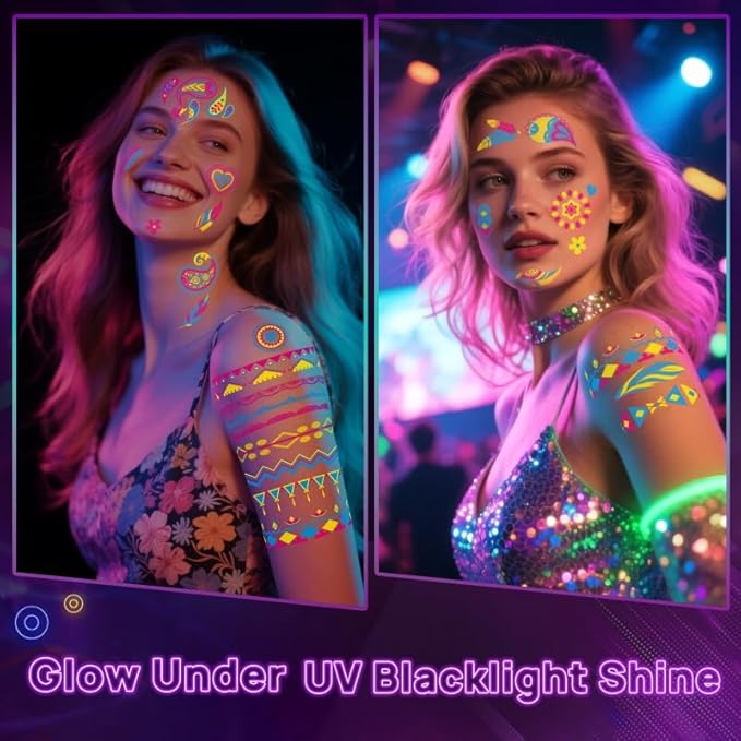 160 PCS Glow in The Dark Temporary Tattoos - Neon UV Blacklight Reactive Light Face Flash Tattoo Stickers,Festival Accessory Party Favors Supplies,Temp Great for EDM EDC Party Rave Parties 20 Sheet