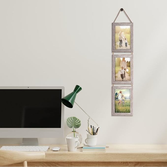 QUTREY 4x6 Collage Picture Frames, 6 Openings Vertical Hanging Photo Frame Set of 2, 4 by 6 inch Multi Picture Frames for Wall Decor, Rustic Grain