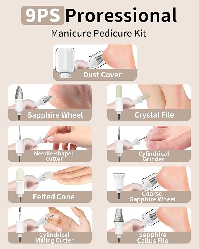 Manicure Pedicure Kit, Professional Nail Grinder for Senior Thick Toenail, Cordless Electric Nail File, 5 Speeds Pedicure Tools for feet Callus Remover, Nail Drill for Women Hand Feet Care