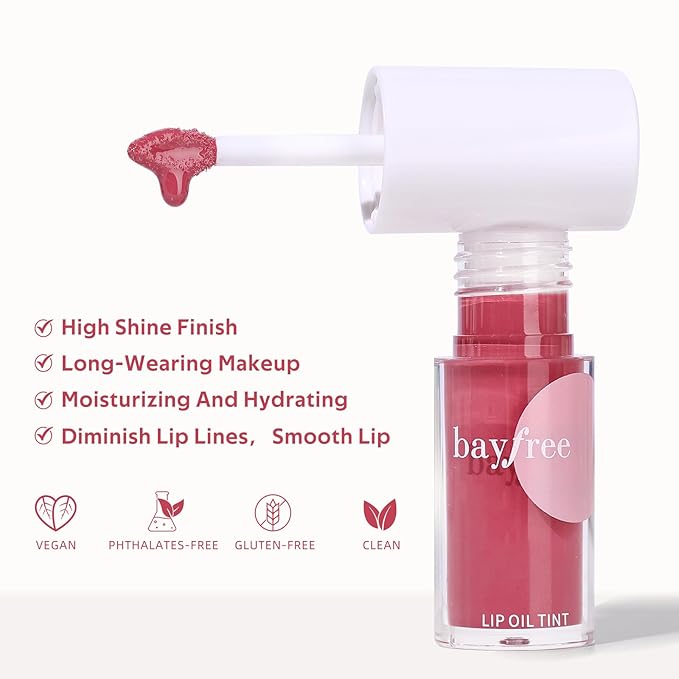 bayfree Hydrating Tinted Lip Oil, Korean Lip Gloss with High Shine & Pigmented Color, Lightweight Non-Sticky Formula for Dry Lips, Vitamin E Enriched for All-Day Moisturizing, Vegan & Cruelty-Free