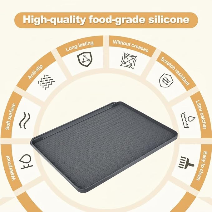 Extra Large Cat Litter Box Mat 34" x 22" – Waterproof Silicone Litter Trapper, Non-Slip, Easy to Clean Floor Protector, Soft on Kitty Paws(Dark Gray)