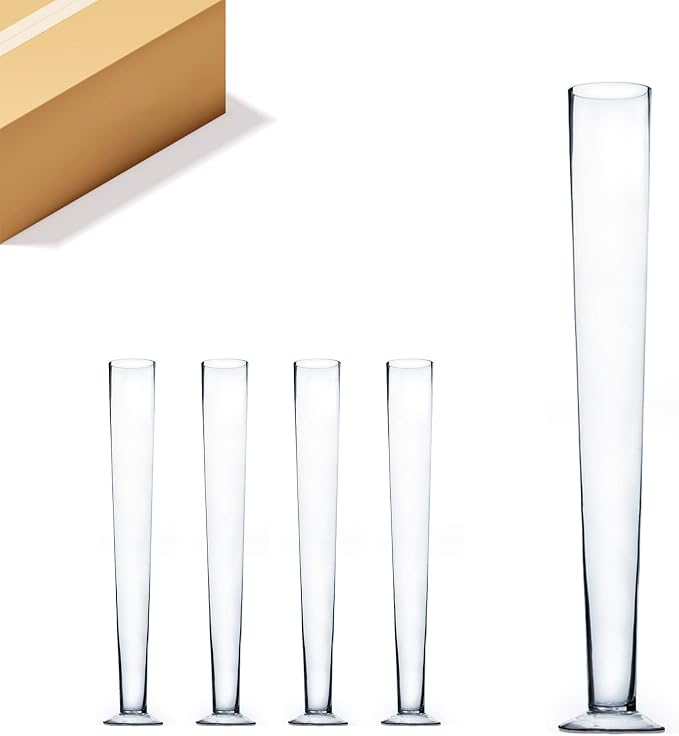 WGV Trumpet Glass Vase Bulk, Open 5", Height 31.5", (Multiple Sizes Choices) Clear Tall Pilsner Floral Planter Container Centerpiece, Wedding Event Home Decor, 4 Pieces (VTV0432)
