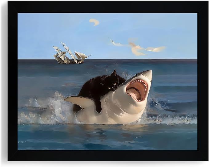 ICHZUMW Framed Funny Black Cat Biting Shark Ocean Canvas Wall Art 8x10 In | Quirky Cat Biting Shark Oil Painting, Humorous Bathroom Wall Decor, Bedroom Bar Man Cave Restroom Powder Room, Ready to Hang