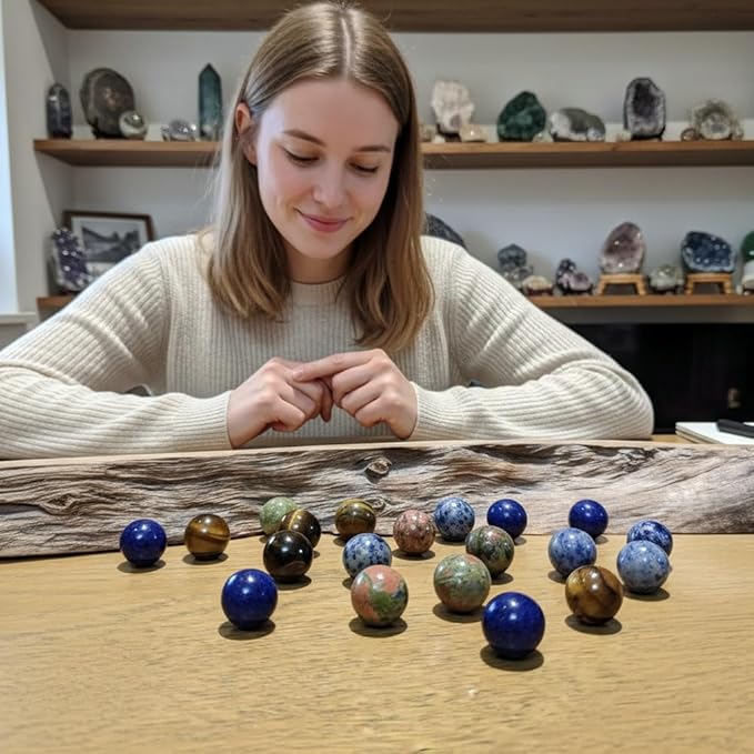20Pcs 16mm Natural Stone Balls Gemstone Spheres Polished Assorted Small Marbles -Tiger Eye*5, Unakite*5,Sodalite*5,Blue Stone*5