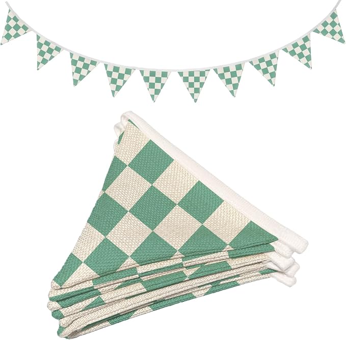 Green Classroom Wall Decor, Green and White Checkered Garland Triangle Banners, Boys Room Wall Art Decor,Cars Room Decor for Toddler Nursery Playroom,Racing Flag 11Ft Bunting Flags Fabric