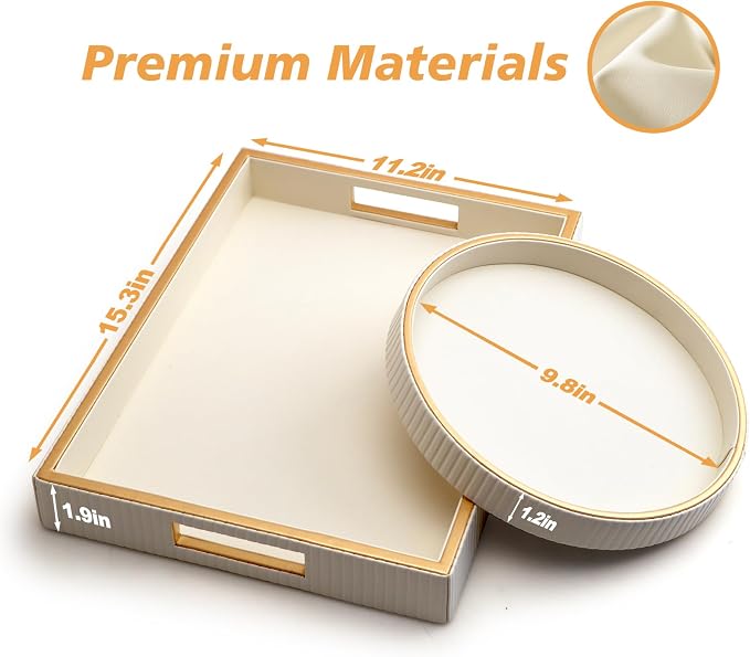 Leather Tray Desktop Storage Organizer, Decorative Tray Set, White | Premium Serving Trays Valet Tray for Sundries Cosmetics Phone Wallet Cutlery, Set of 2, White Holder with Disc