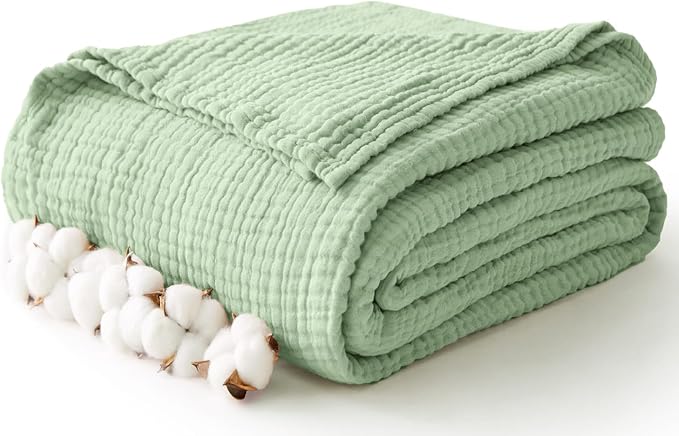 100% Cotton Muslin Blanket Twin XL 66" x 90", 6 Layers Cooling and Soft Twin Blankets for Bed, Lightweight Boho Coverlet Bedspread, Gauze Bedding for All Season, Sage Green