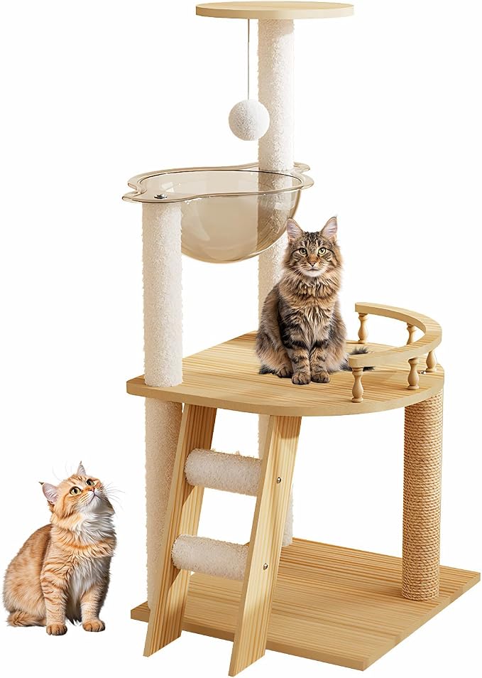 Cat Tree & Litter Box Enclosure,Modern All-in-one Indoor Cats Tower with Large Platform, Cat Condo with Wood House, Food Station, Hammocks (41.3”)