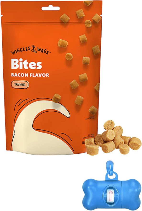 Wiggles & Wags Bacon Flavor Training Bites Dog Treats, 16 oz, with Free Bone Dispenser & Roll