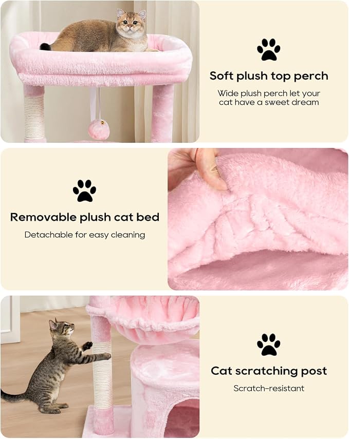 SYANDLVY Pink Cat Tree for Indoor Cats, Modern Tower with Scratching Post | Modern Cat House with Padded Perch, Kittens Condo with Cradle, Cat Cave, Pink