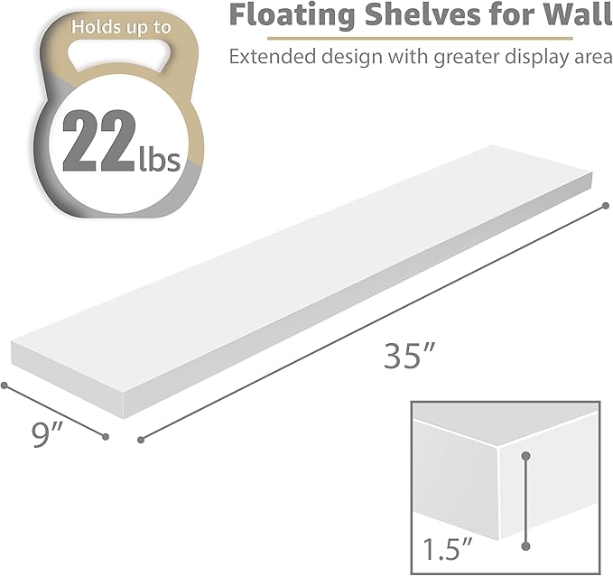 Sorbus Floating Shelves for Wall - 35 Inch Long Bathroom Shelves, Wall Decor for Bedroom, Kitchen, Living Room & Book Storage - Mounted Floating Shelf with Invisible Brackets (White, 2 Pack) | Long Wall Shelves