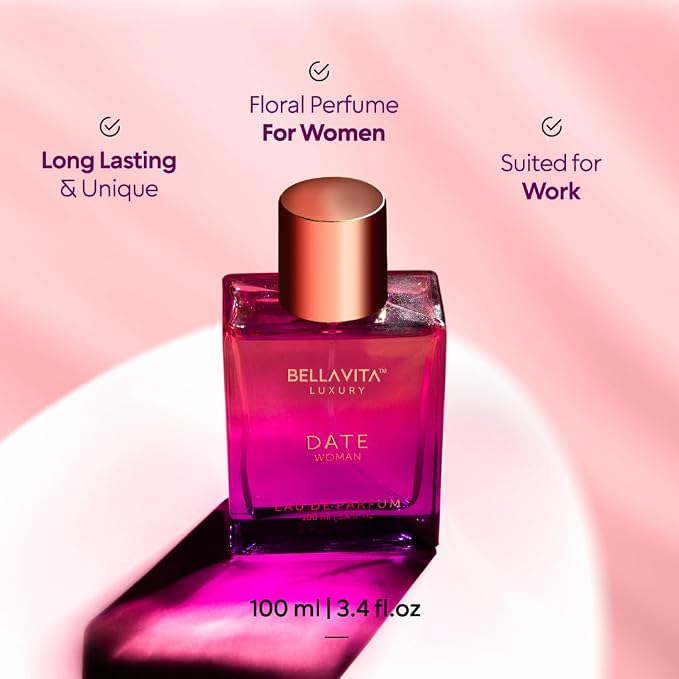 Bellavita Luxury DATE Eau de Parfum | 100 ml (3.4 fl.oz.) | Perfume for Women | Floral, Pink Pepper, Jasmine, and Moss Notes | Long Lasting Fragrance | Mother's Day Present